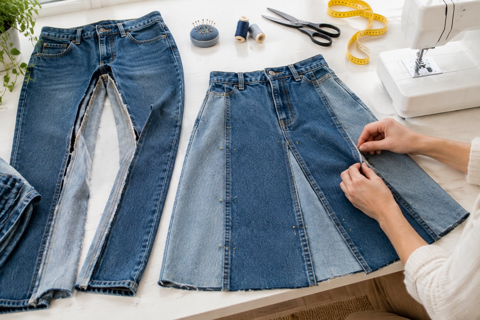 Hands sew denim fabric into a skirt at a table.