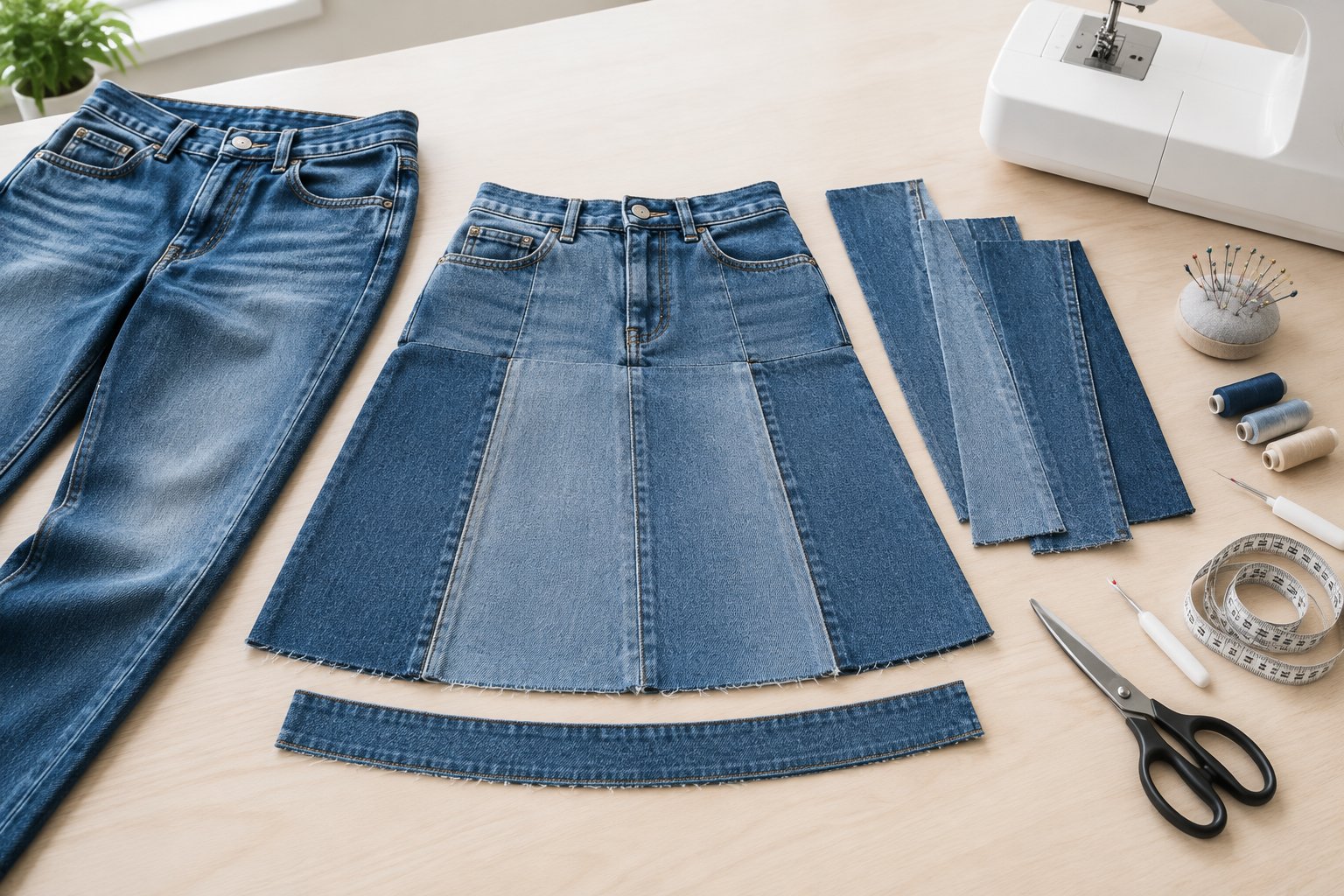 Jeans, denim pieces, and sewing supplies arranged on a worktable beside an unfinished skirt.
