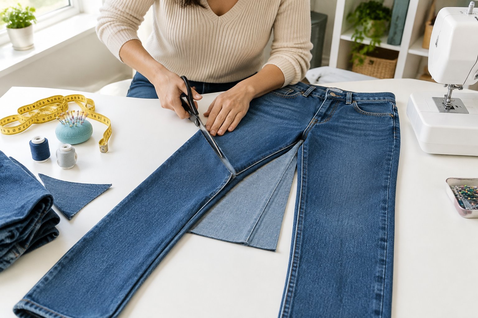 A person cuts open blue jeans on a worktable to shape them into a skirt.