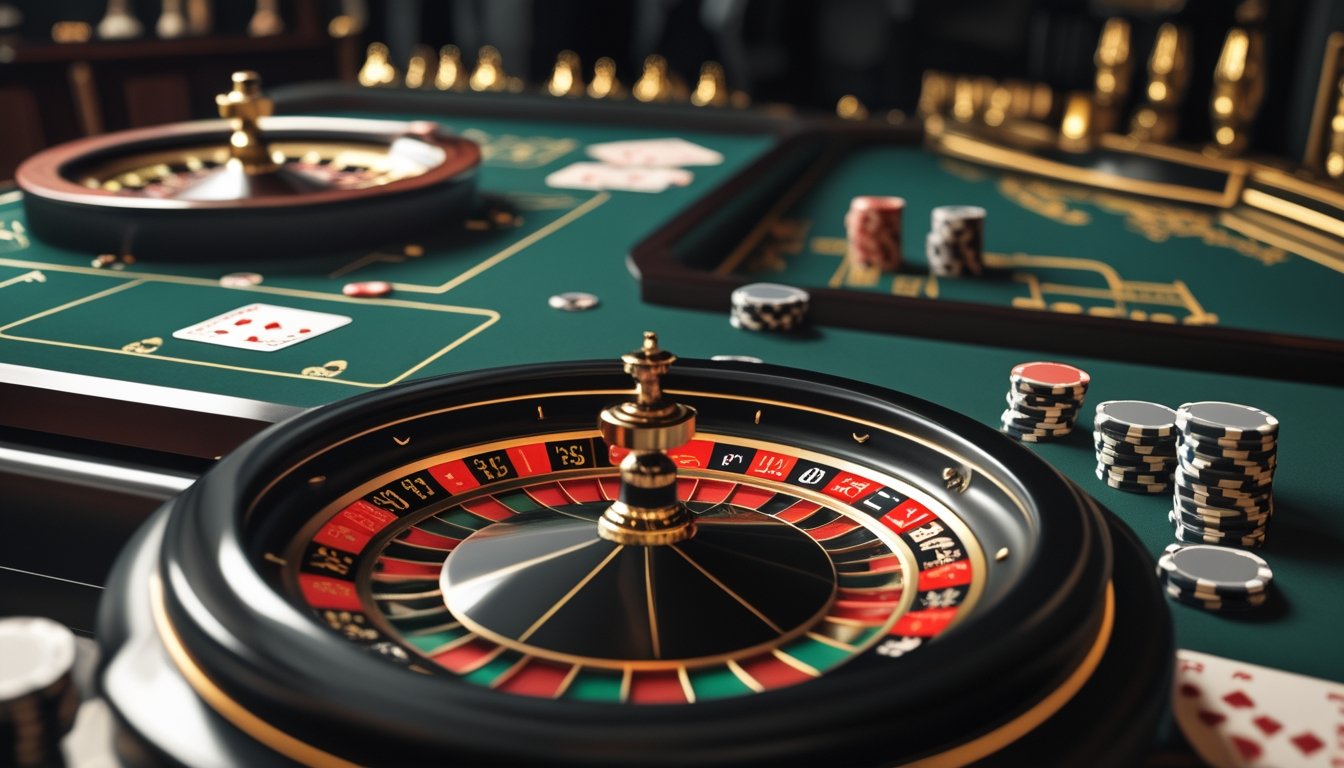 Meja roulette dan blackjack dengan kartu, bola roulette, dan keping kasino.