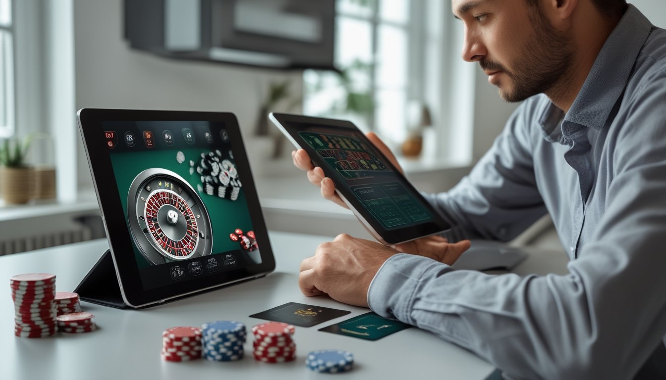 Seseorang meninjau tampilan roulette dan blackjack di tablet dengan kartu dan keping taruhan di meja.