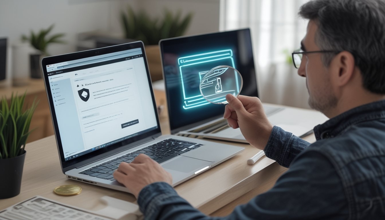 Seseorang memeriksa laptop dan ponsel untuk memastikan keamanan situs taruhan daring.
