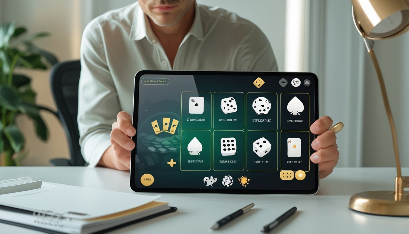 Seseorang mempelajari permainan kasino online melalui tablet di meja.