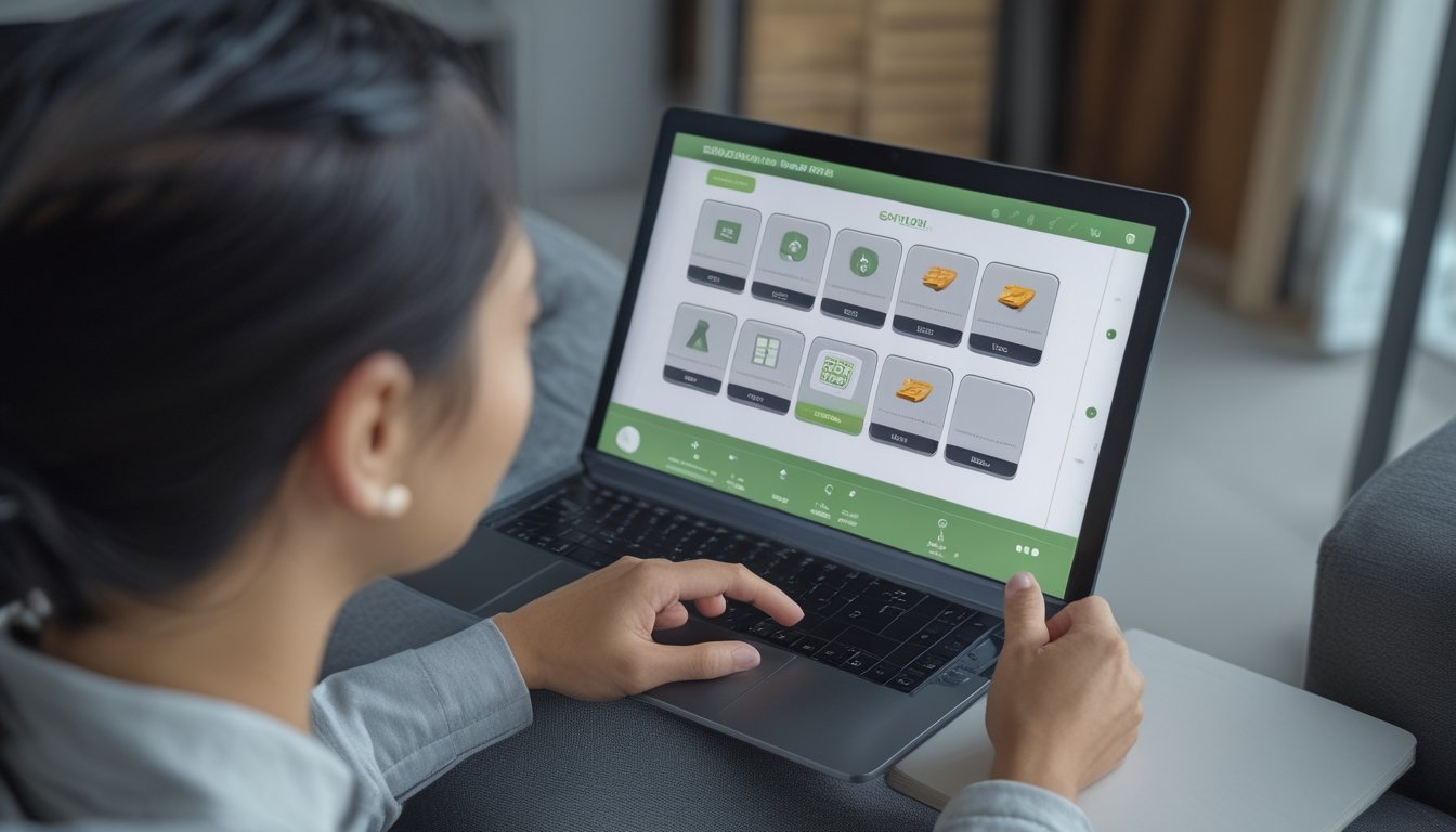 Seseorang mempelajari antarmuka permainan digital di laptop.