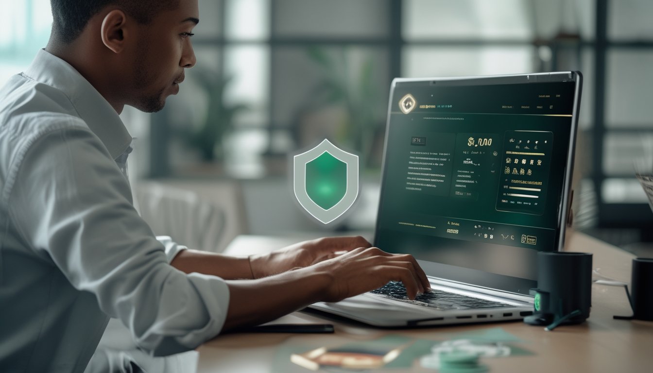 Seseorang menggunakan laptop dengan simbol perisai dan gembok yang menggambarkan perlindungan data.