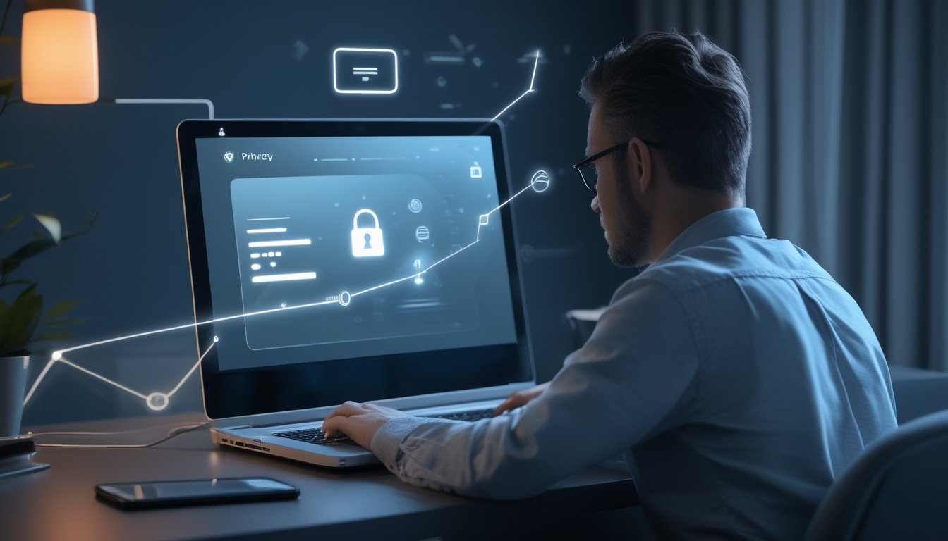 Seorang pengguna memakai laptop dengan simbol perlindungan data di dekatnya.