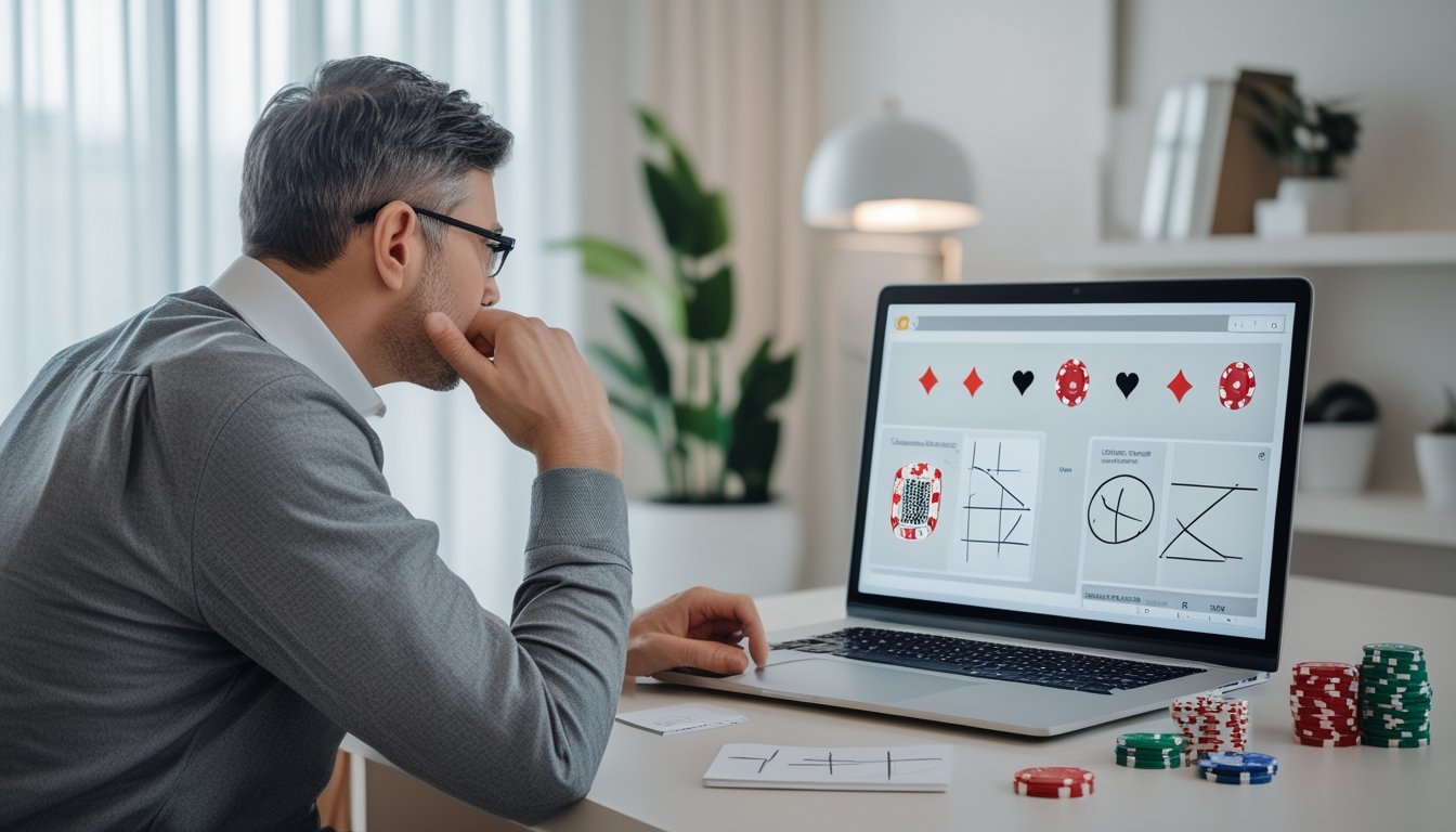 Seseorang memeriksa tampilan permainan kasino di laptop dengan beberapa keping taruhan dan catatan di meja.