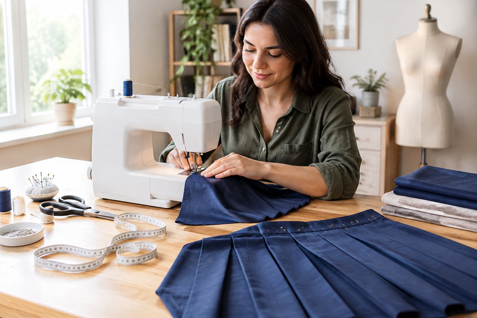 A woman sews pleated fabric at a sewing machine.