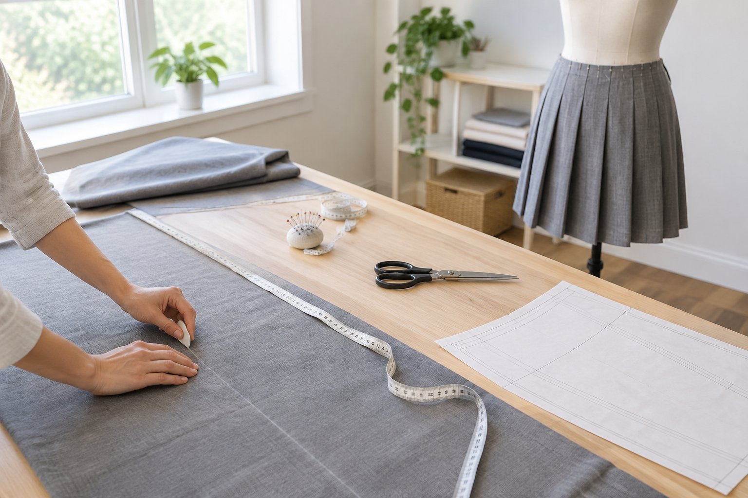 A person measures fabric beside sewing tools and an unfinished pleated skirt.