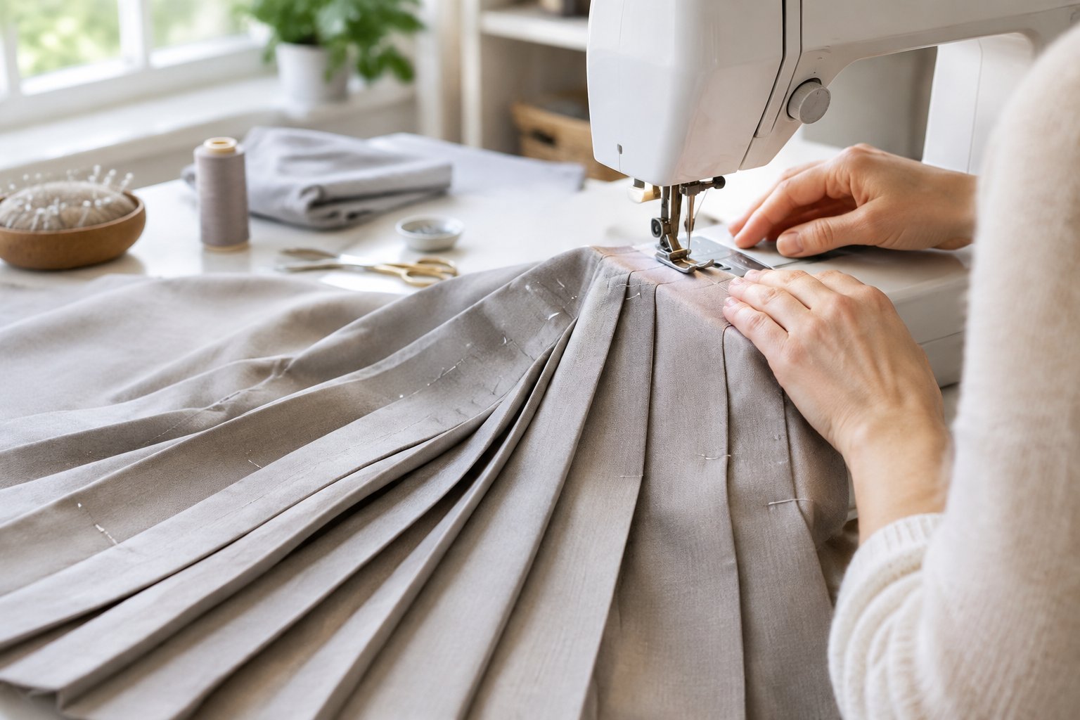 Hands sew crisp pleats into a skirt with a sewing machine.
