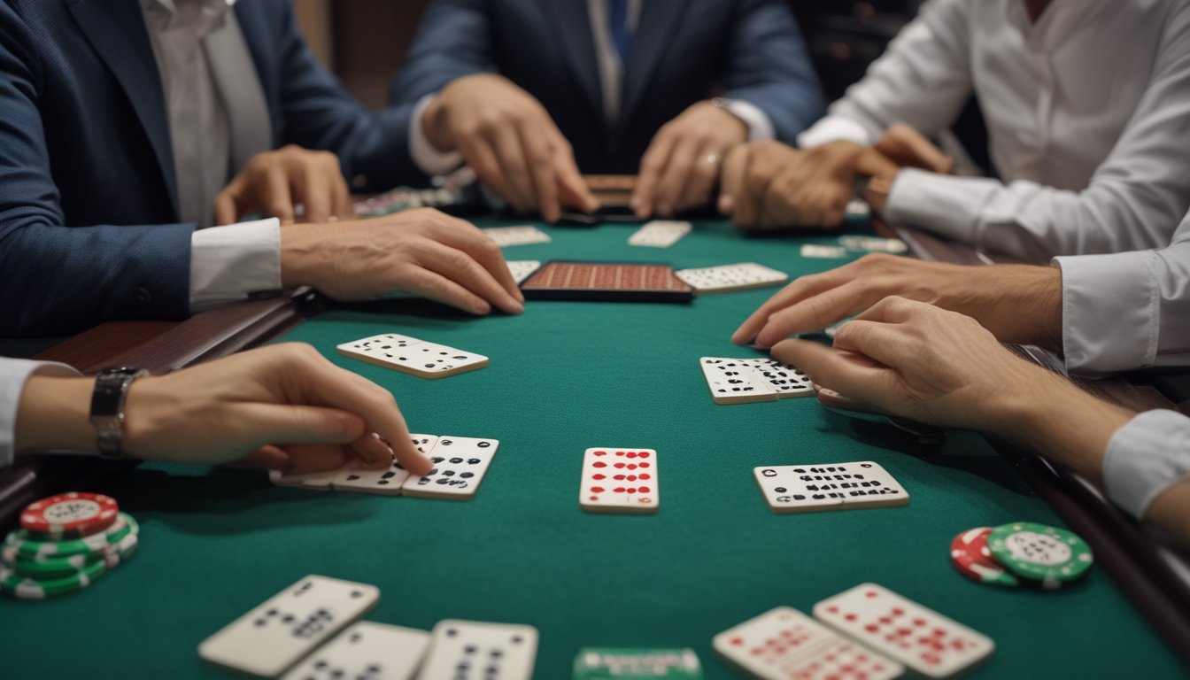 Beberapa orang dewasa memainkan Ceme di meja hijau dengan keping domino dan chip.