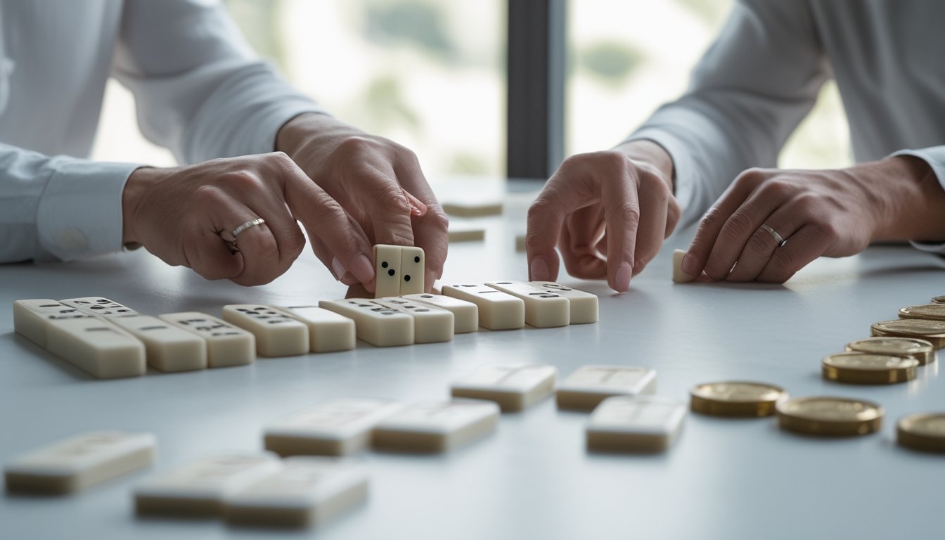 Dua orang dewasa mempelajari permainan domino Ceme di meja dengan beberapa keping domino dan chip taruhan.