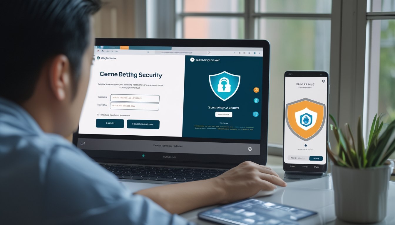 Seseorang memeriksa pengaturan keamanan akun taruhan online melalui laptop dan ponsel.