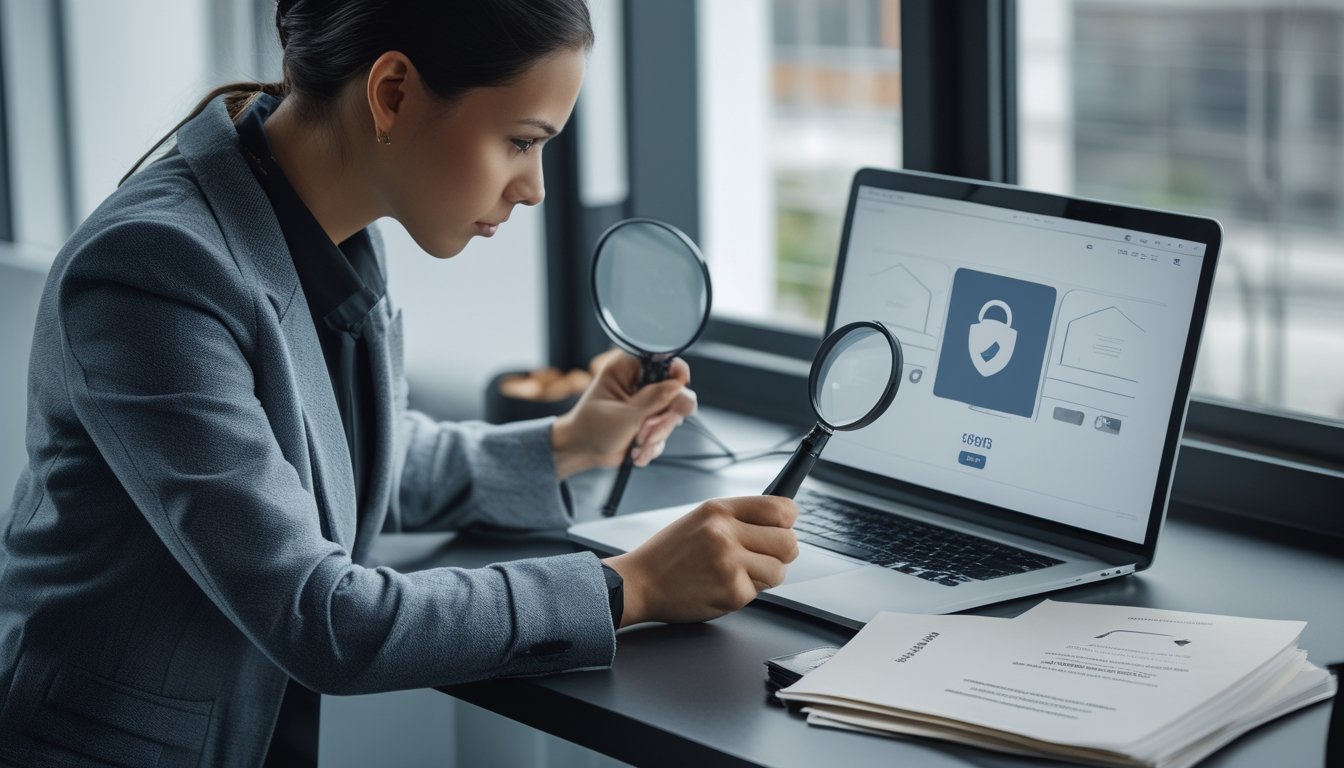 Seorang profesional memeriksa dokumen dan laptop untuk memastikan identitas pengelola platform.
