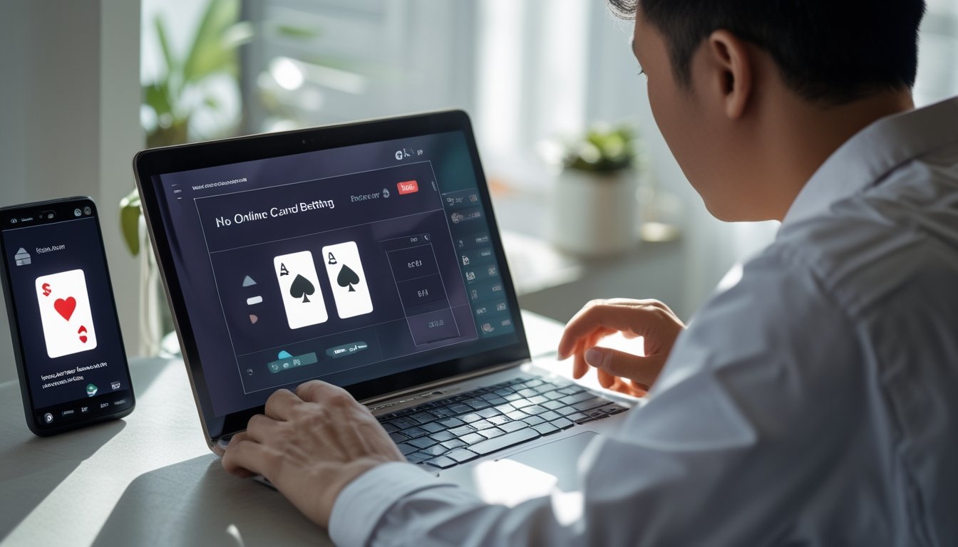Seseorang menggunakan laptop untuk mengakses permainan kartu daring, dengan ponsel dan kartu bank di dekatnya.