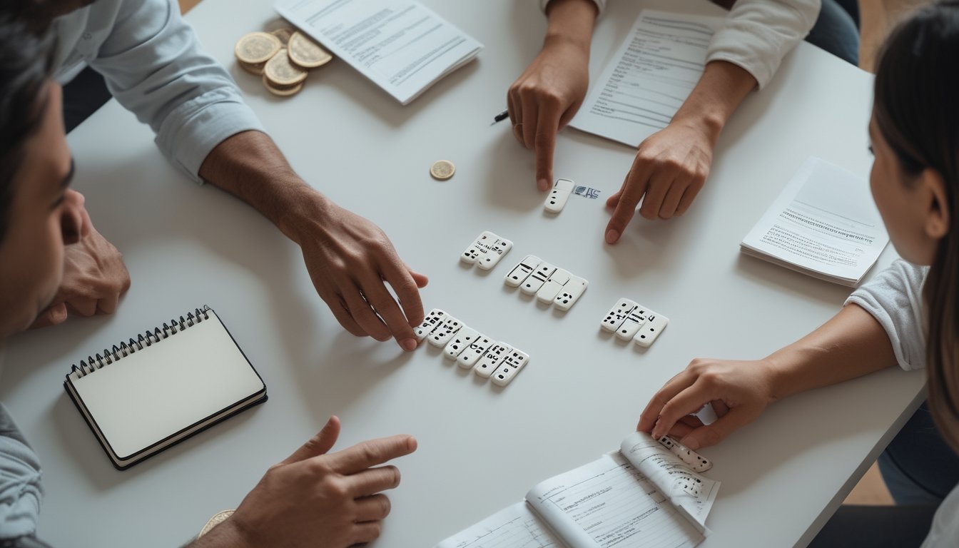 Sekelompok orang mempelajari aturan permainan Ceme menggunakan kartu domino di atas meja.