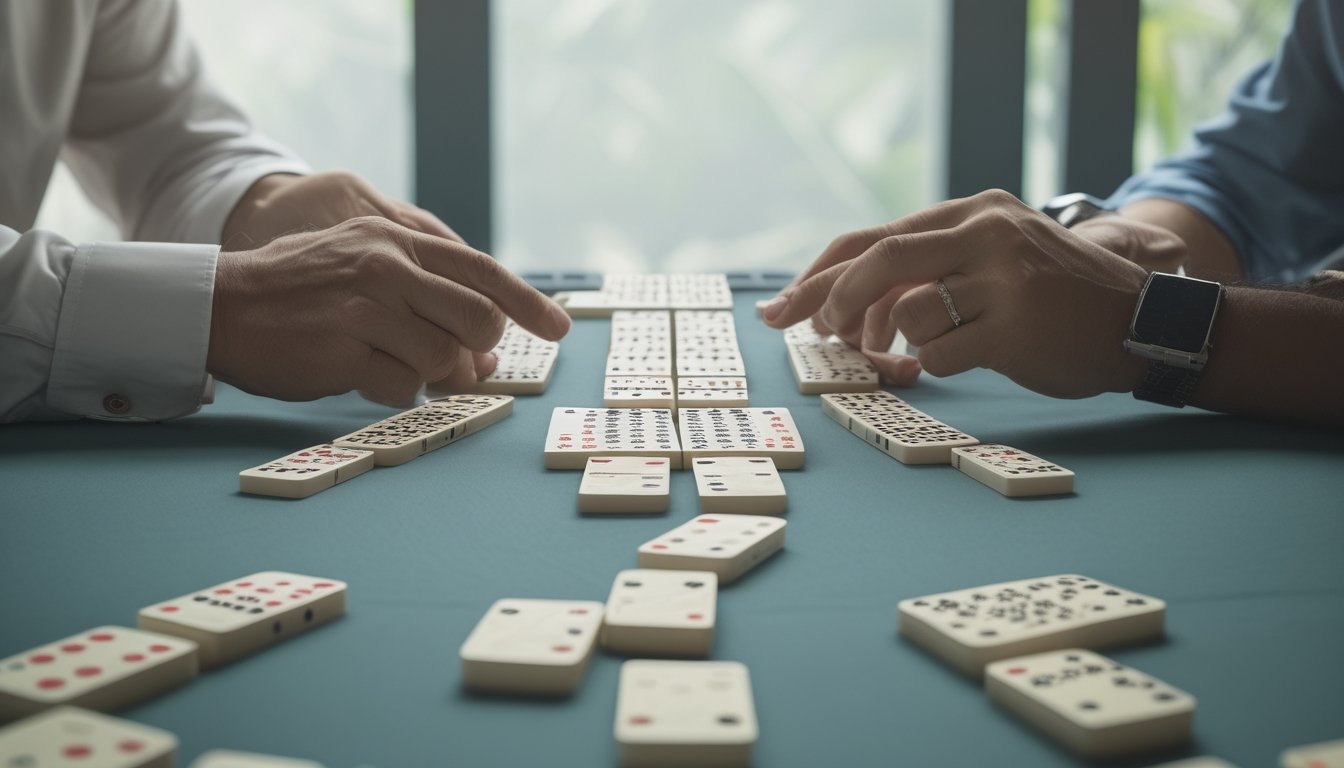 Dua pemain membandingkan susunan kartu domino Ceme di atas meja.