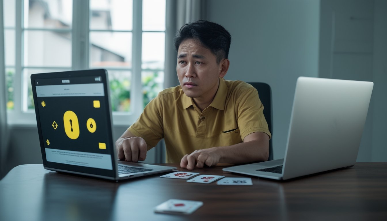 Seseorang tampak waspada saat memeriksa ponsel dan laptop di samping setumpuk kartu.