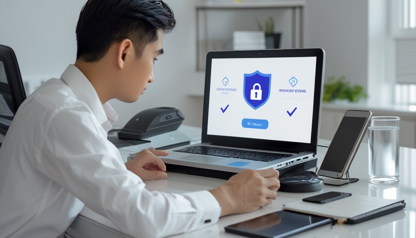 Seorang profesional memeriksa platform permainan online melalui laptop dan ponsel.