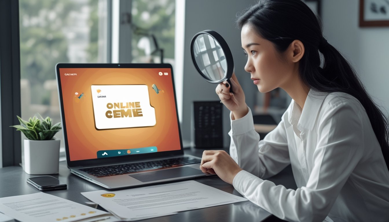 Seorang konsumen memeriksa platform permainan daring di laptop dengan kaca pembesar.