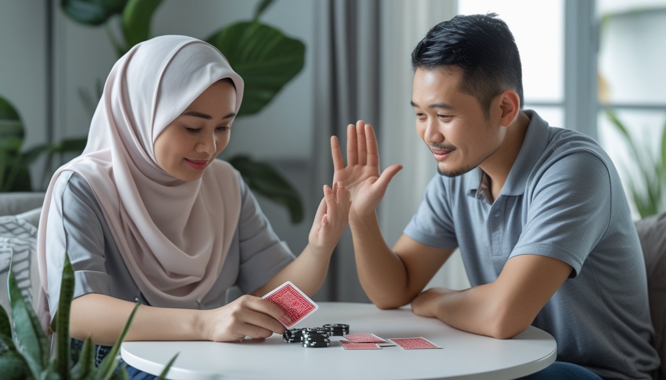 Dua orang dewasa berbincang sambil melihat kartu dan keping permainan di meja.