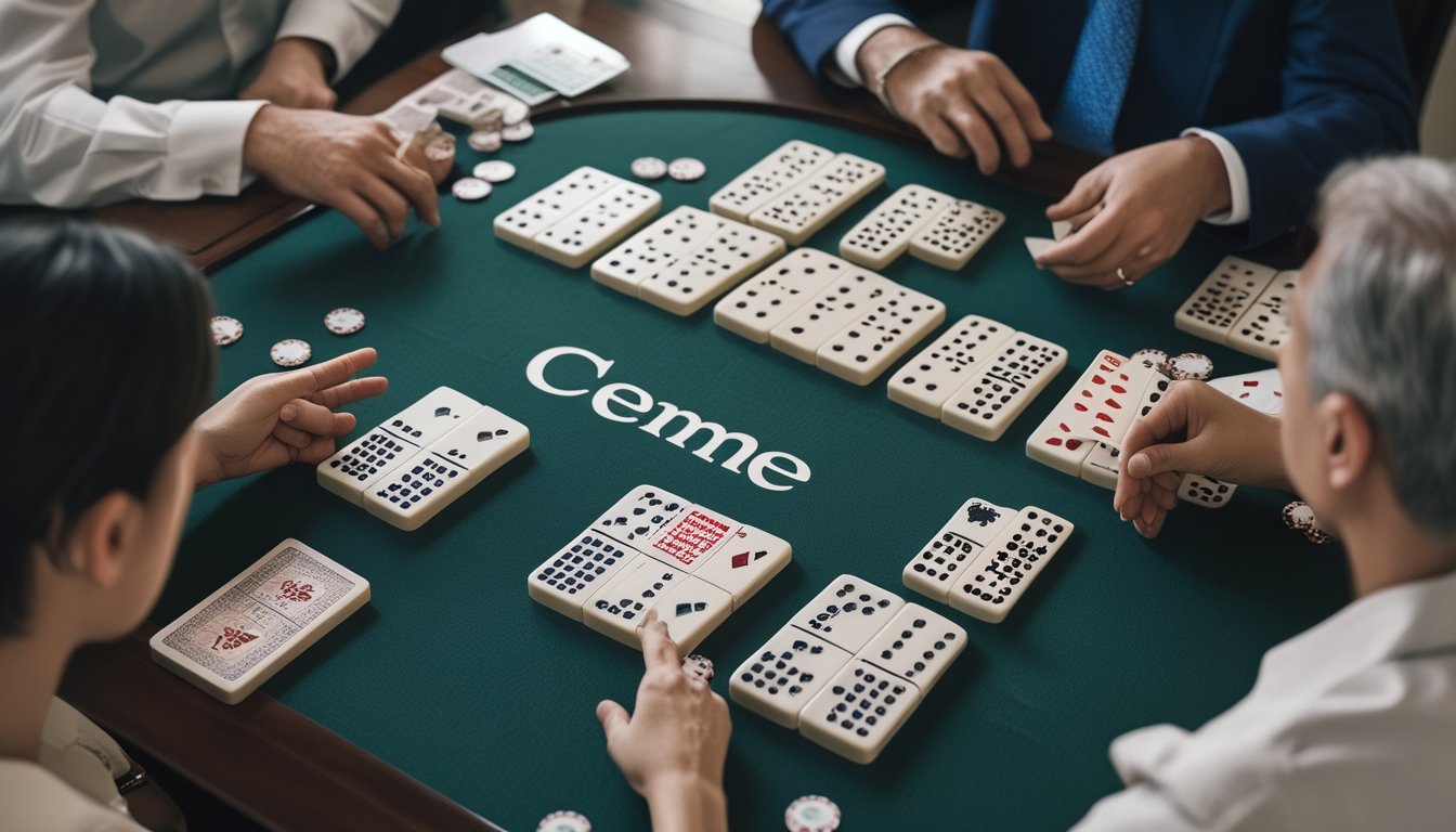 Beberapa orang dewasa bermain domino Ceme di meja dengan keping domino dan sejumlah kecil chip.