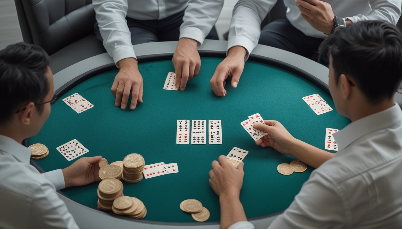 Beberapa pemain dewasa membandingkan kartu domino Ceme di meja.
