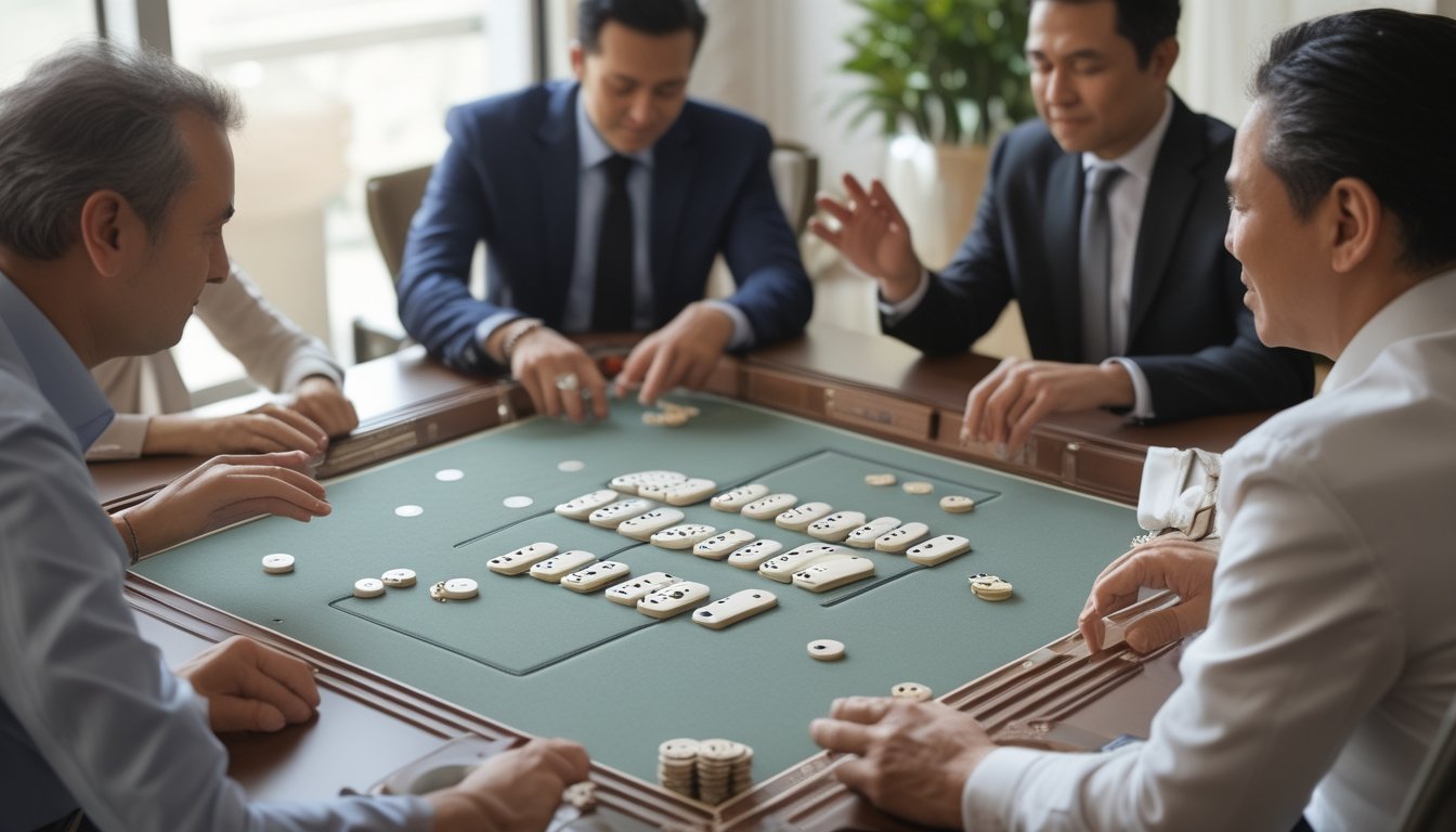 Sekelompok orang mempelajari permainan Ceme dengan pasangan kartu domino di atas meja.