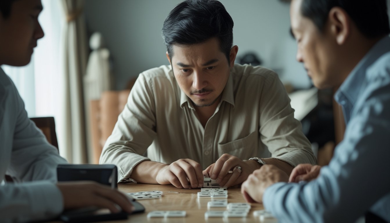 Seorang pemain Ceme memeriksa kartu domino dan uang di atas meja dengan ekspresi berhati-hati.