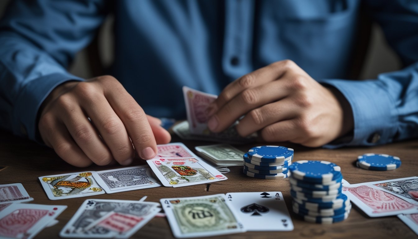 Seseorang memandangi kartu, keping permainan, dan uang rupiah yang tersisa di atas meja.