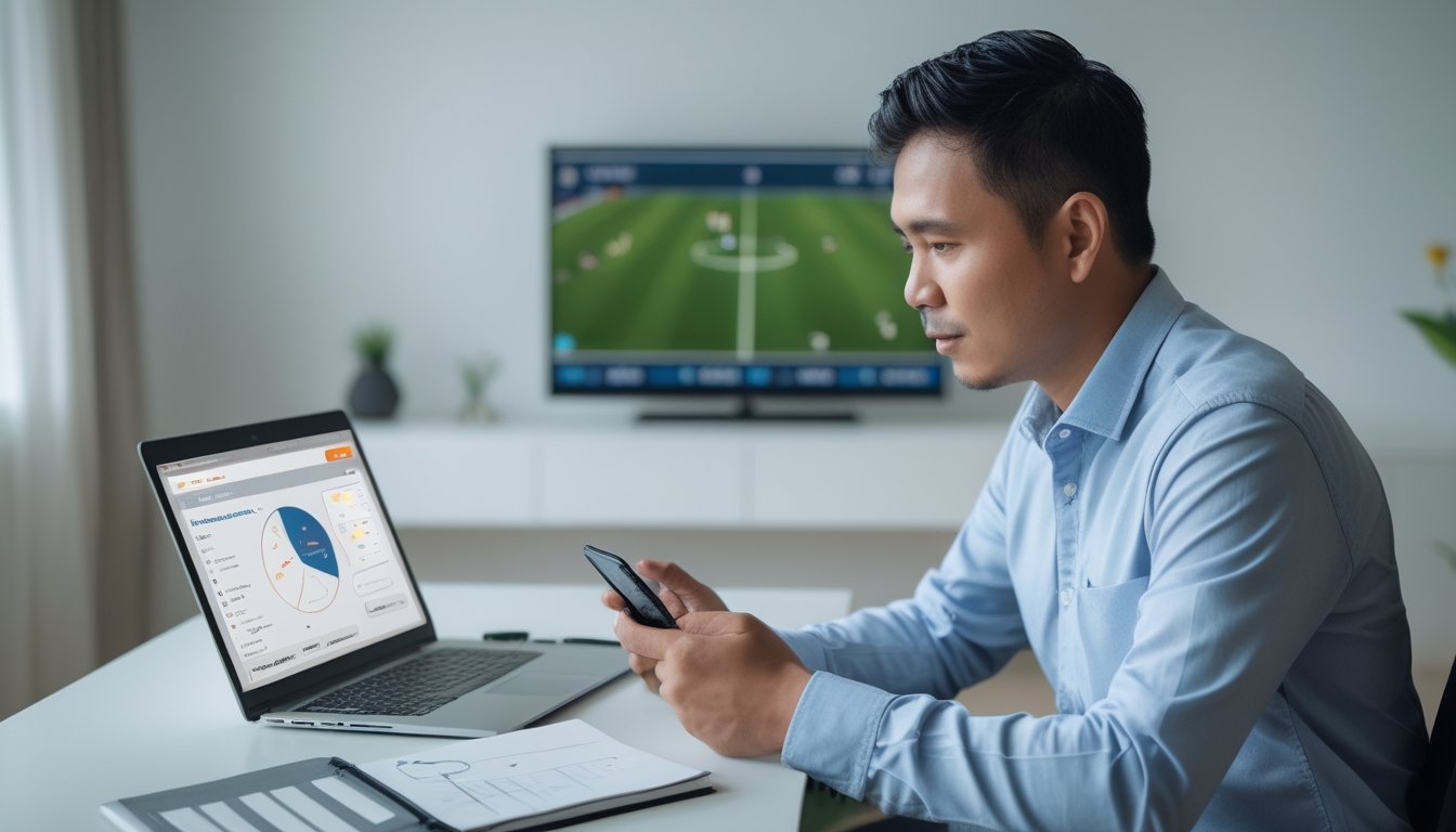 Seorang pria mempelajari pertandingan sepak bola melalui laptop dan ponsel di meja.