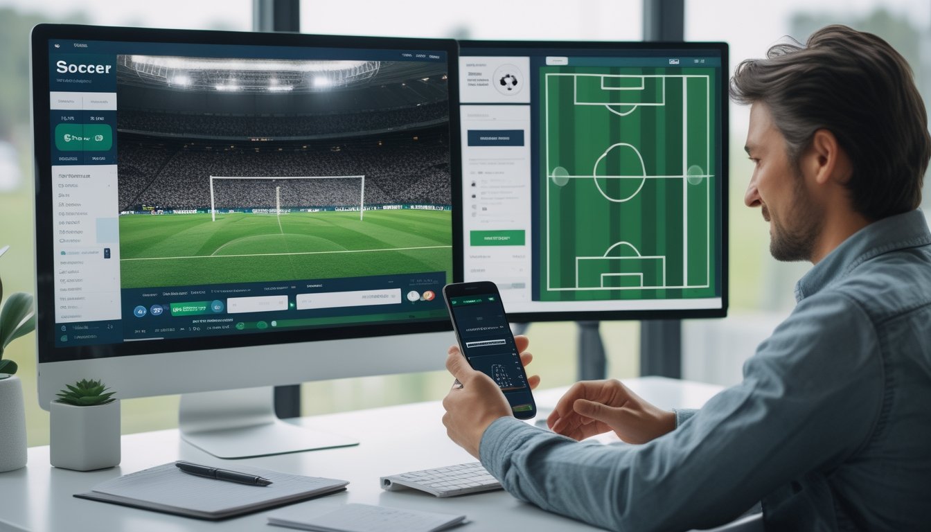 Seorang pemula melihat pertandingan sepak bola di monitor sambil menggunakan ponsel di meja kerja.