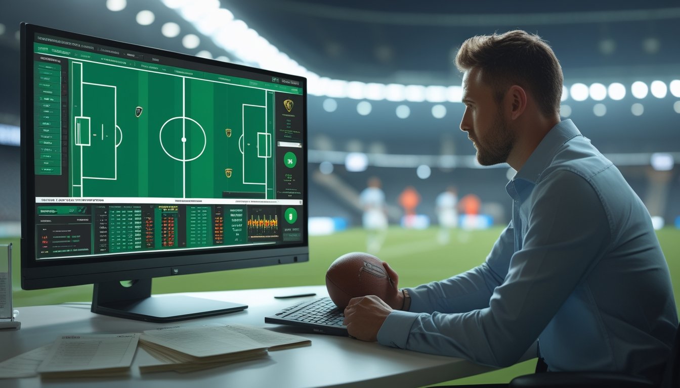 Seorang analis mempelajari statistik pertandingan sepak bola di depan layar, dengan bola dan suasana stadion.