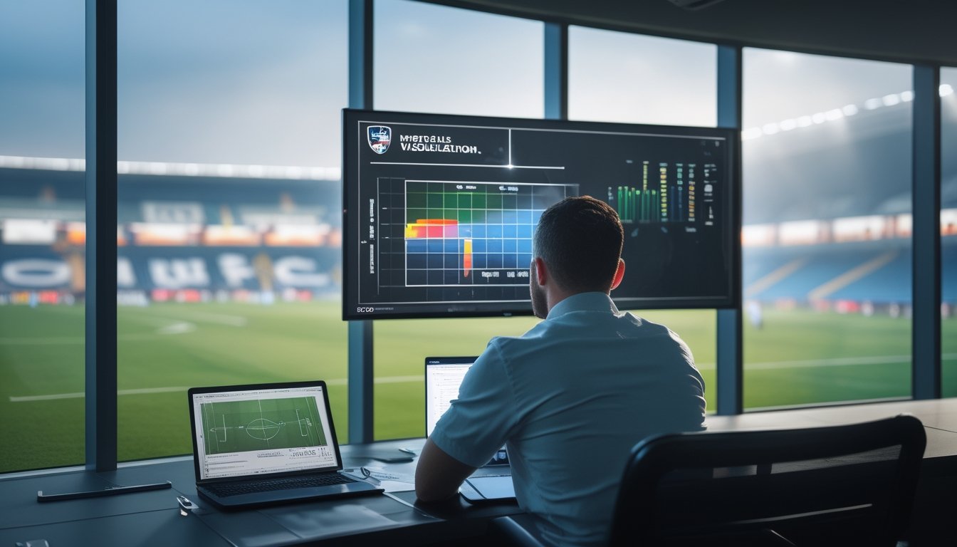 Seorang analis sepak bola mempelajari visualisasi statistik pertandingan di ruang media stadion.