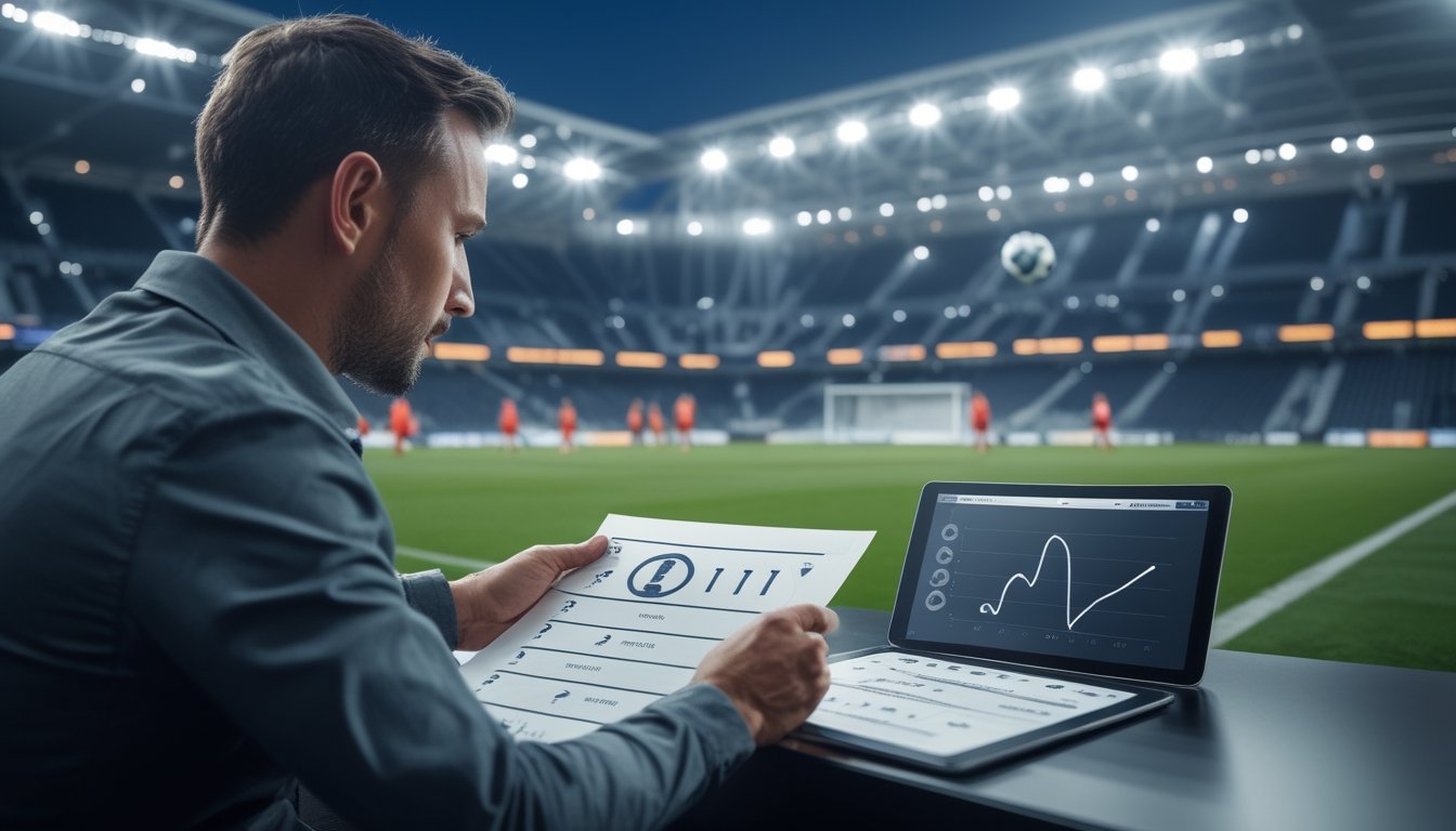 Seorang penonton mempelajari statistik pertandingan sepak bola di stadion.