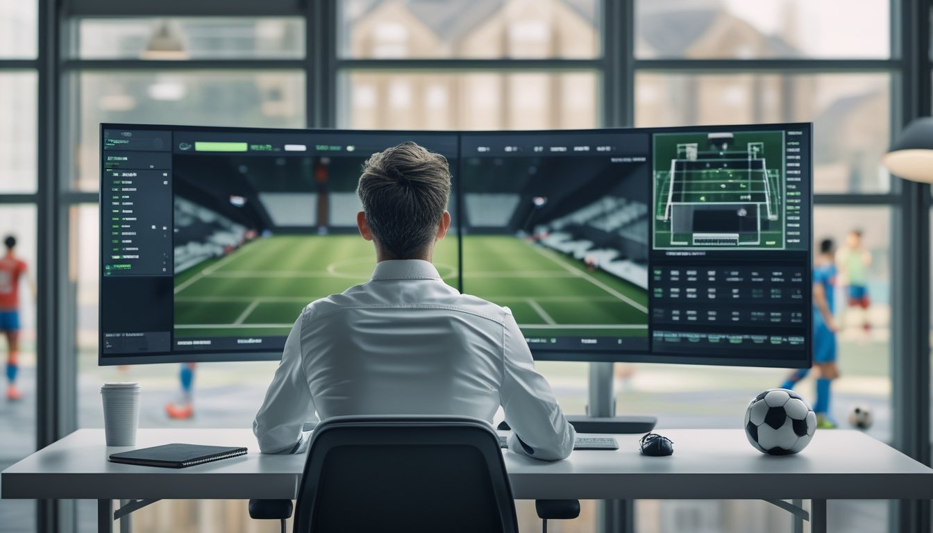 Seorang analis mempelajari statistik pertandingan sepak bola di depan monitor.