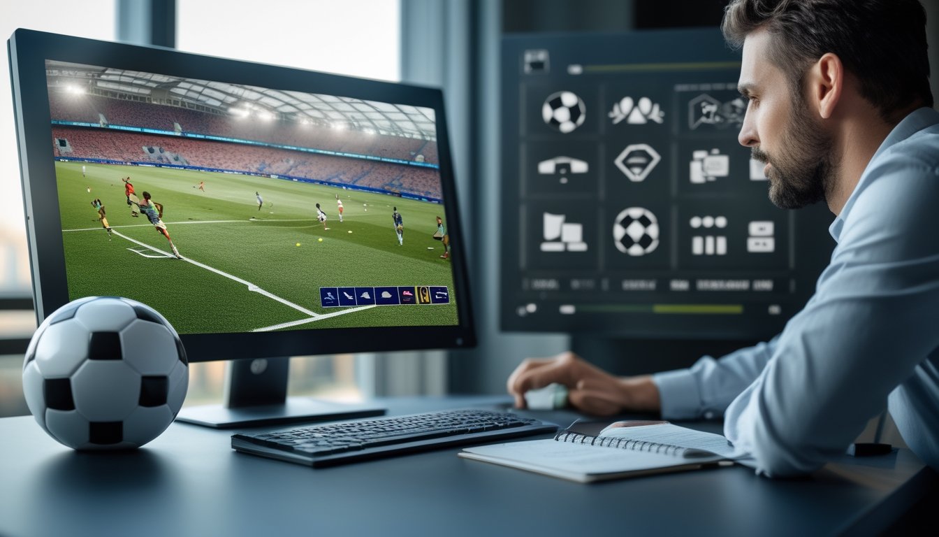 Seorang analis meninjau pertandingan sepak bola di layar dengan bola dan catatan di meja.