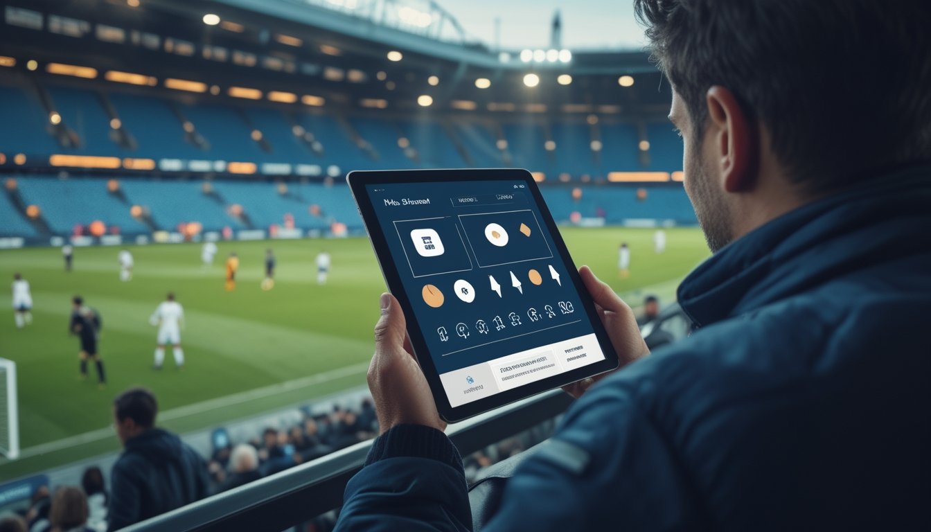 Seorang penonton mempelajari tampilan grafik di tablet saat pertandingan sepak bola berlangsung.