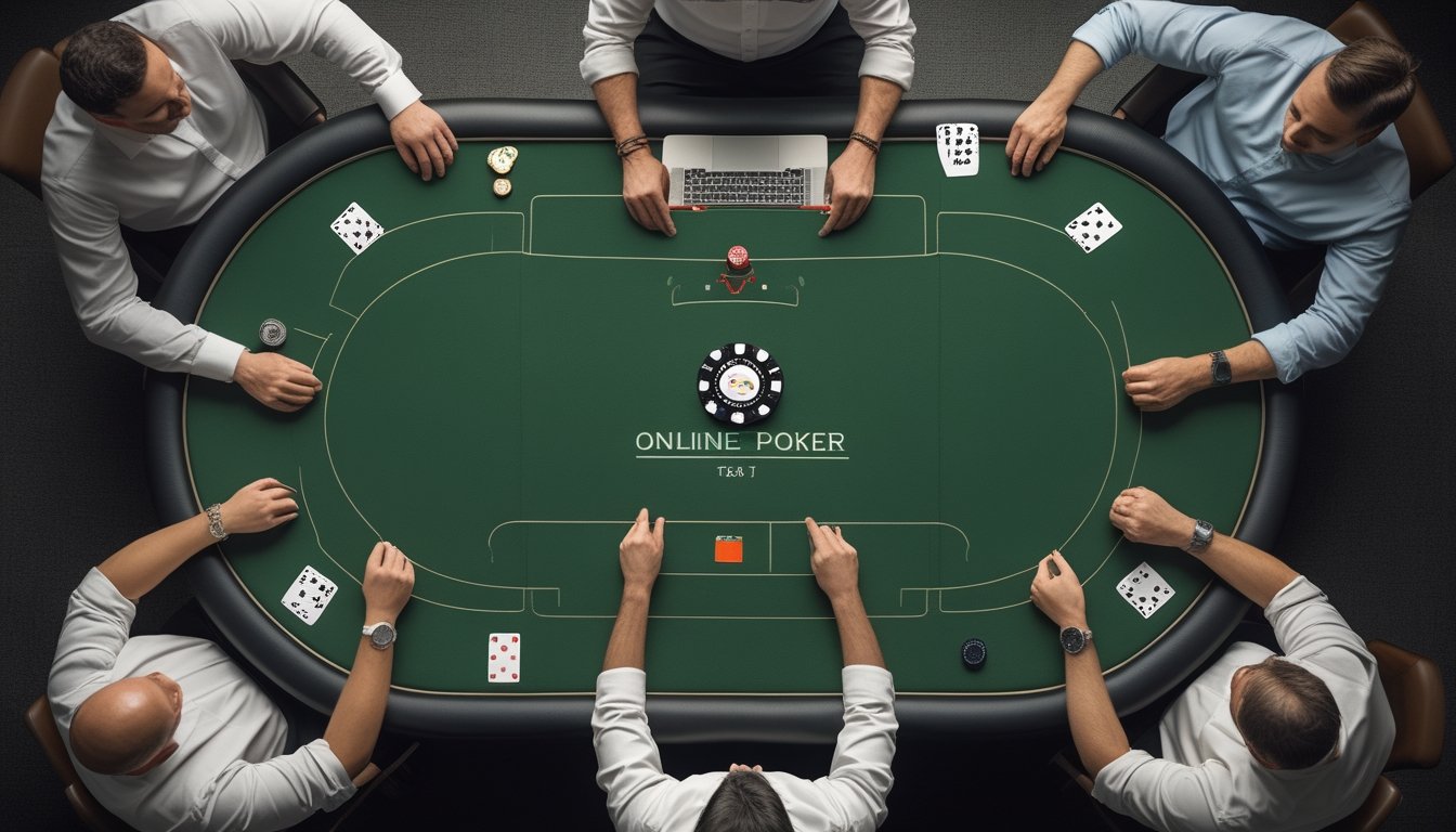 Enam pemain duduk mengelilingi meja poker dengan kartu dan tumpukan keping.