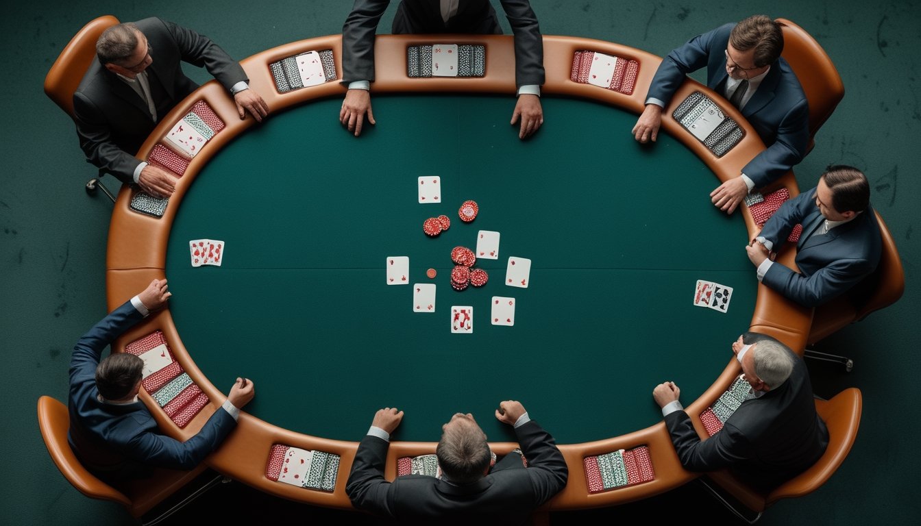 Enam pemain dan seorang dealer duduk mengelilingi meja poker dengan kartu dan keping taruhan.