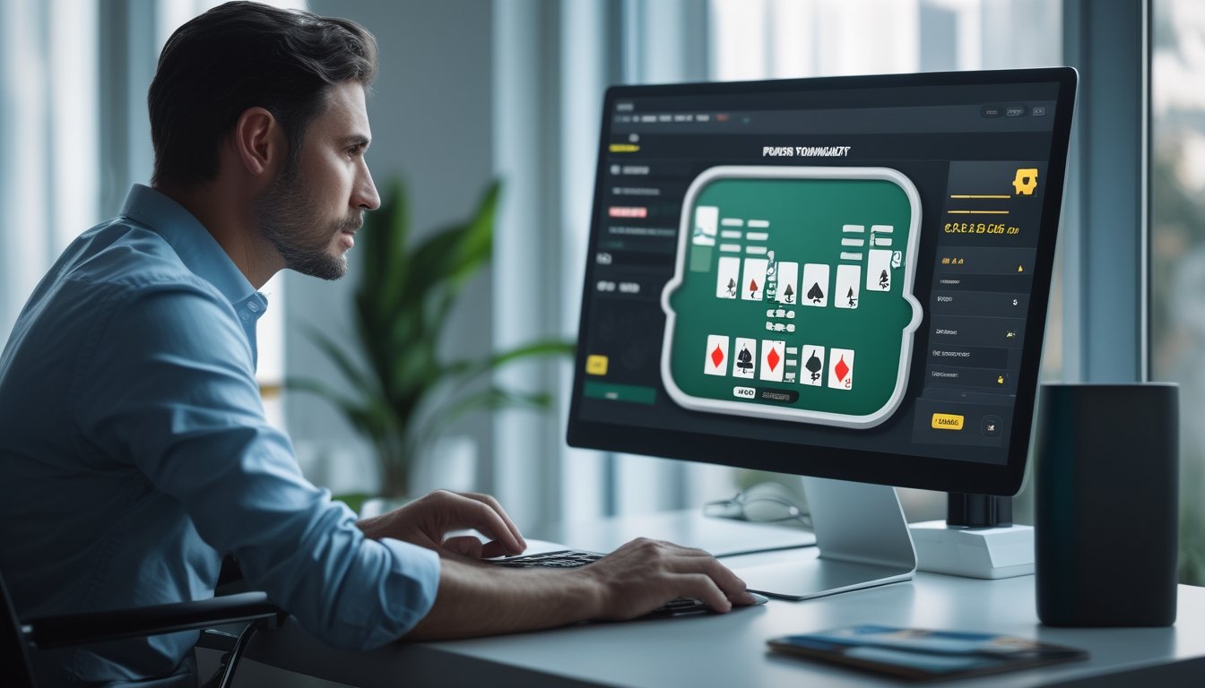 Seorang pemain poker mempelajari turnamen poker online di depan laptop.