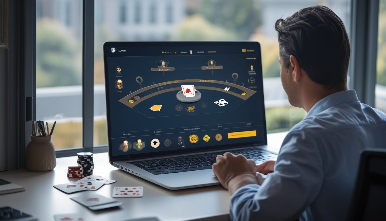 Seorang pemain mengikuti turnamen poker online melalui laptop.