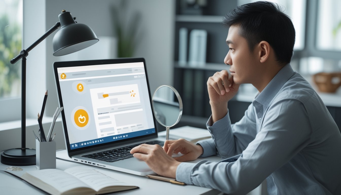 Seorang dewasa Indonesia memeriksa informasi di laptop dengan cermat di meja kerja.