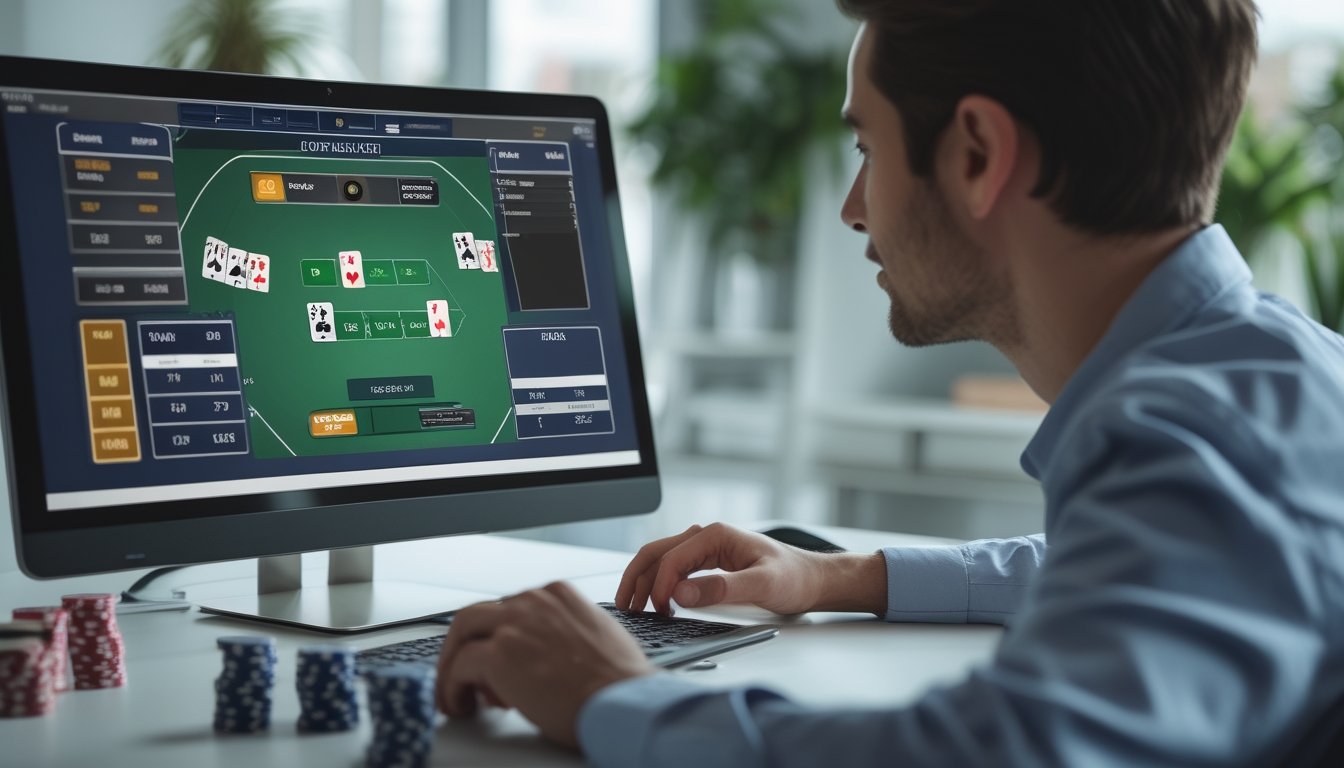 Seorang pemain mempelajari turnamen poker daring di depan laptop dengan kartu dan keping poker di meja.