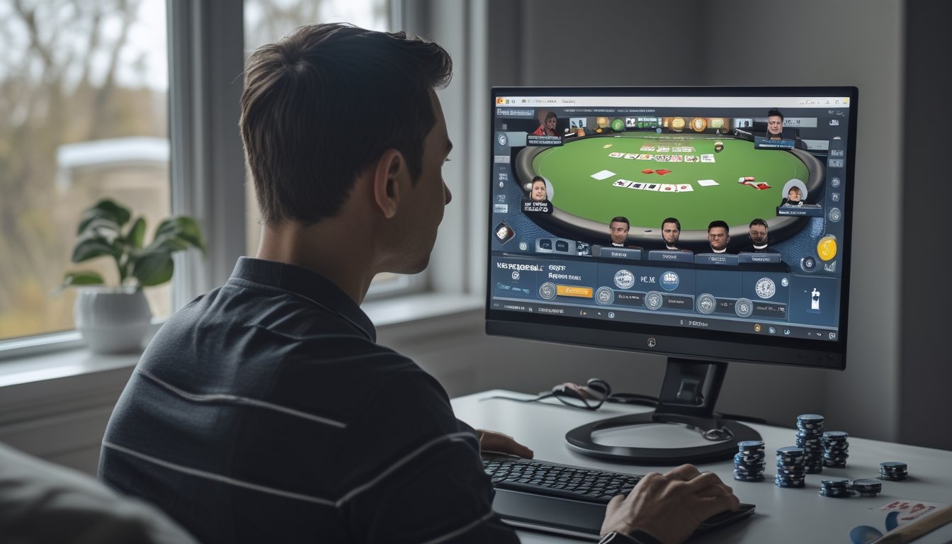 Seorang pemain melihat turnamen poker virtual di laptop.