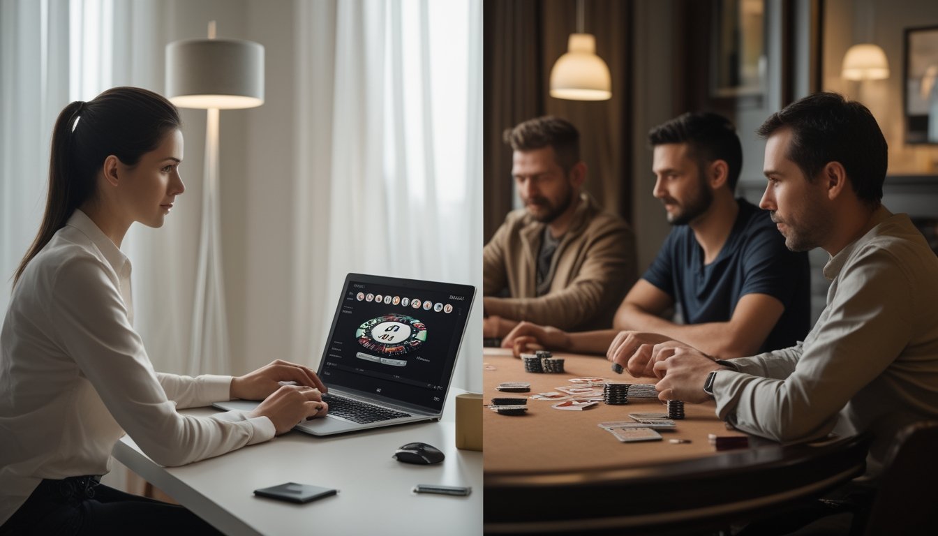 Seorang pemain menggunakan laptop untuk bermain poker, sementara beberapa orang bermain kartu dan chip di meja.