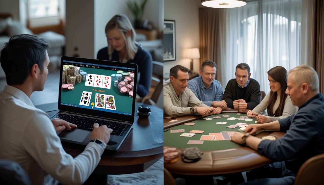 Seseorang bermain poker melalui laptop, sementara beberapa orang bermain bersama di meja.