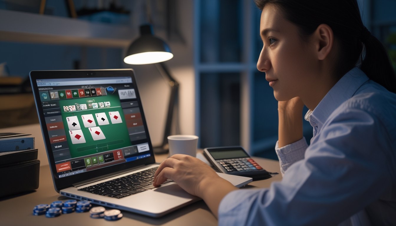 Seseorang meninjau permainan poker daring di laptop sambil memegang kalkulator.