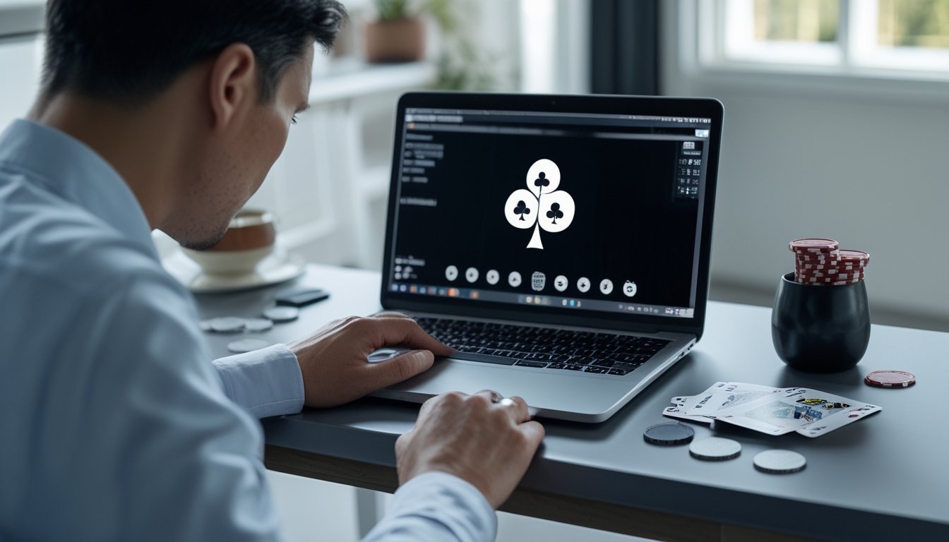 Seorang pemain poker menatap layar laptop dengan kartu dan keping poker di atas meja.