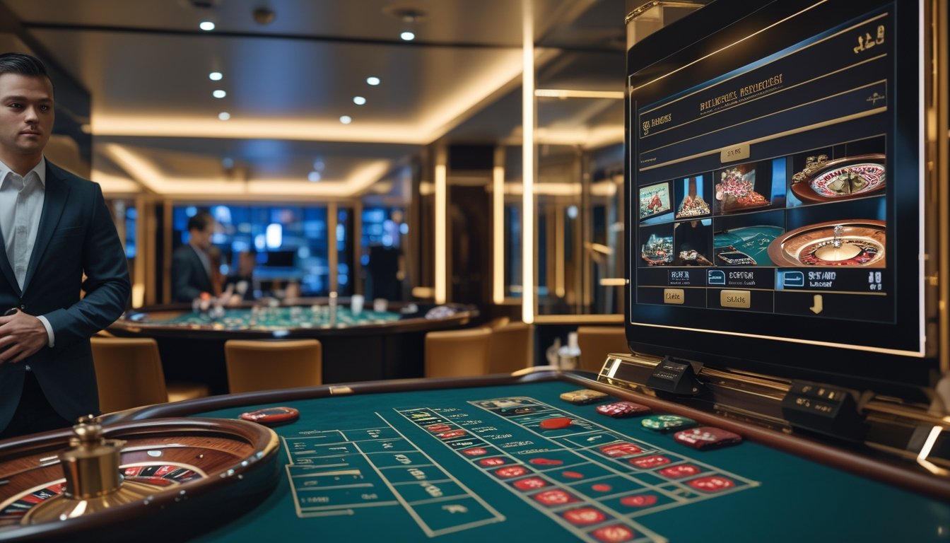 Dealer dan beberapa pemain dewasa berada di meja roulette dengan layar yang menampilkan siaran langsung permainan.